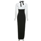 V neck hollow out ring slit solid maxi dress