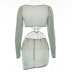 Hollow out long sleeve solid irregular o ring zip-up mini dress