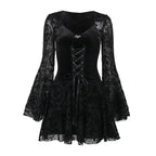 Flared sleeve velvet lace up solid patchwork mini dress