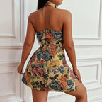 Halter metal chain print corset slit dress