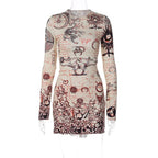 Long sleeve crewneck print drawstring ruched mini dress