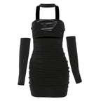 Halter "D" applique ruched gloves backless mini dress