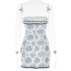 Lace hem flower print contrast button tube mini dress