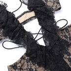 Cross front backless hollow out lace hem contrast mini dress