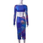 Hollow out contrast print long sleeve ruched mesh patchwork midi dress