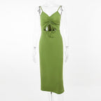 Solid hollow out drawstring v neck backless cami midi dress