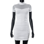 High neck short sleeve mesh patchwork ruched solid mini dress