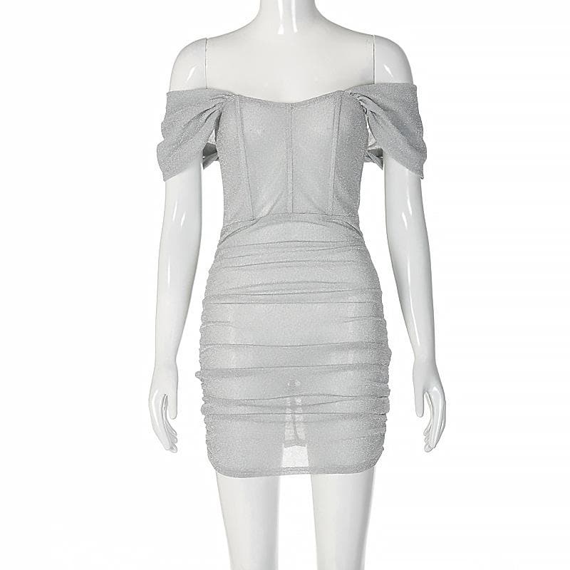 Corset off shoulder textured ruched see through mini dress