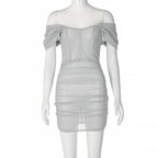Corset off shoulder textured ruched see through mini dress