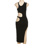 Ribbed solid hollow out sleeveless irregular slit midi dress