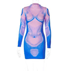 Long sleeve abstract contrast turtle neck mini dress