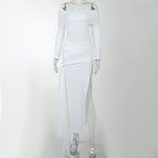Cross front solid long sleeve off shoulder slit self tie maxi dress