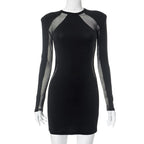 Fishnet patchwork long sleeve crewneck mini dress