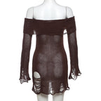 Long flared sleeve off shoulder hollow out see through knitted mini dress