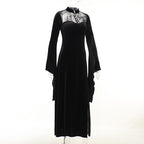 Velvet lace patchwork button solid high neck long flared sleeve slit midi dress