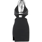 Beaded solid halter backless hollow out slit mini dress