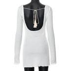 Textured solid self tie backless long sleeve ruffle mini dress