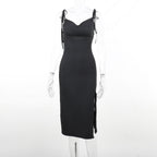Cowl neck solid slit backless self tie ruched midi dress