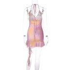 Halter v neck ruffle backless ribbon contrast self tie mini dress