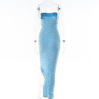 Mesh zip-up halter ruched slit irregular low cut 3-way dress