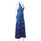 Flower print halter contrast lace up backless v neck midi dress