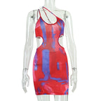Contrast print irregular hollow out one shoulder mini dress