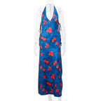 Flower print halter contrast lace up backless v neck midi dress