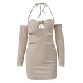 Hollow out halter solid long sleeve backless butterfly applique mini dress