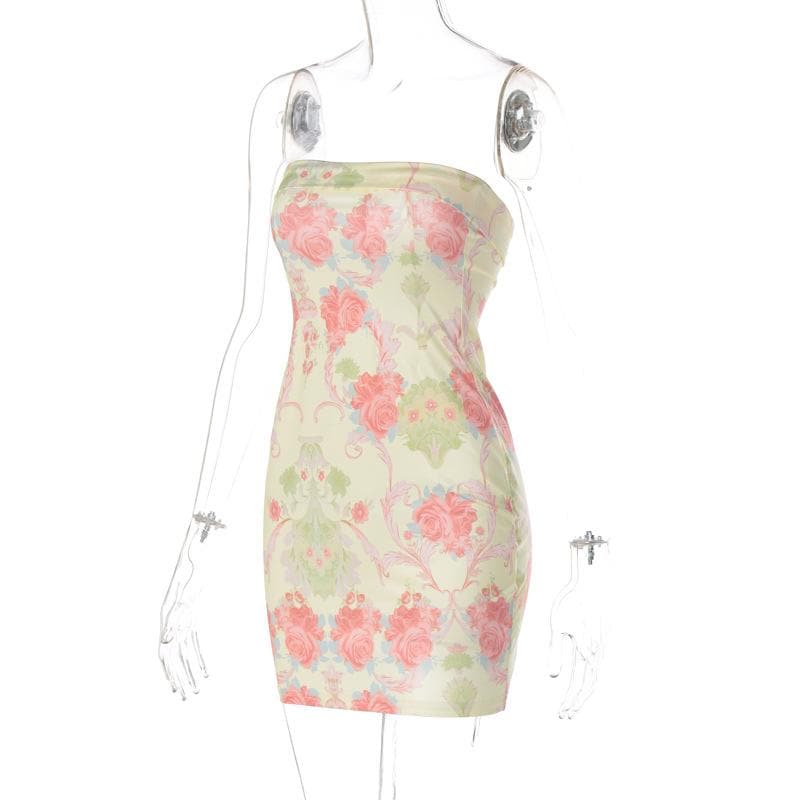 Contrast flower print backless tube dress