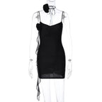 Flower applique solid backless v neck ribbon cami mini dress
