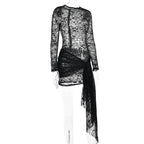 Lace see through long sleeve zip-up self tie ruched mini dress