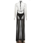 Ruched sheer mesh solid halter self tie backless 3 piece maxi dress