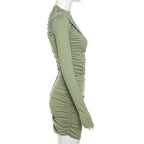 Ruched long sleeve irregular solid mini dress