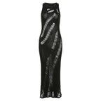 Crochet solid hollow out sleeveless irregular maxi dress