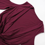 Long flared sleeve off shoulder cowl neck ruched solid mini dress
