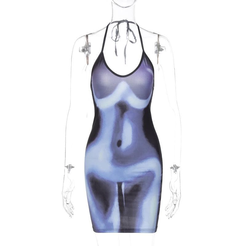 Sleeveless thermal body print halter self tie backless mini dress