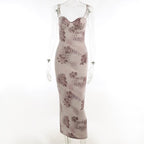 Flower print contrast sweetheart neck backless cami midi dress