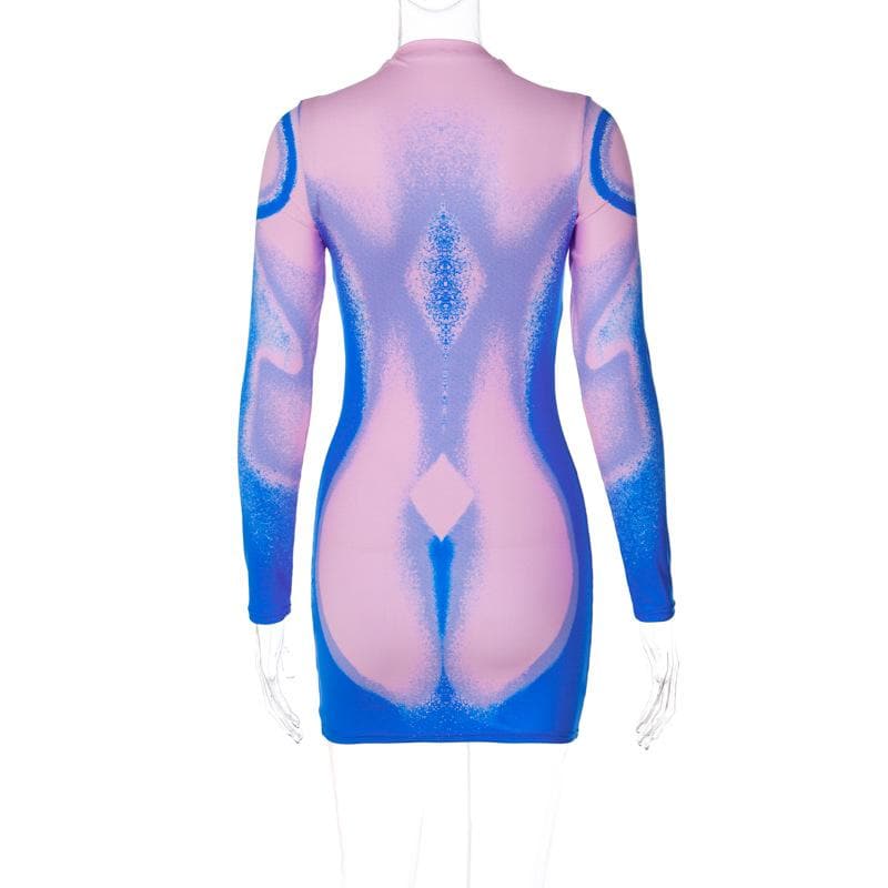 Long sleeve abstract contrast turtle neck mini dress