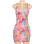 Flower print contrast low cut v neck cami mini dress