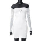 Mesh solid off shoulder long sleeve self tie mini dress