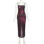 Lace hem contrast flower pattern slit cami midi dress