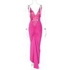 Solid v neck ruched backless cami maxi dress