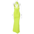 Solid v neck halter backless flower applique self tie maxi dress