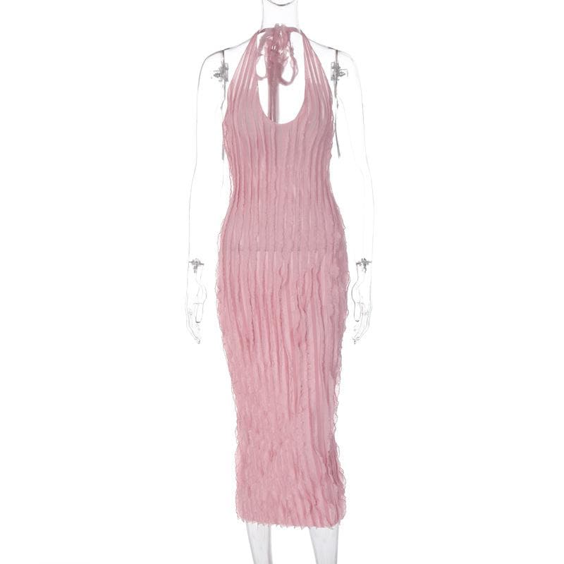 Textured halter solid ruffle u neck backless midi dress