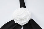 Flower applique contrast self tie halter backless hollow out mini dress