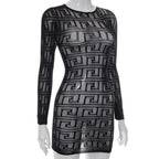 Fishnet see through long sleeve hollow out mini dress
