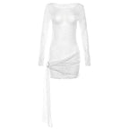 Textured see through o ring irregular long sleeve ruched mini dress