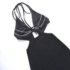 Beaded solid halter backless hollow out slit mini dress