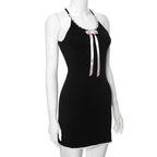 Bowknot ribbon lace hem u neck cross back backless cami mini dress