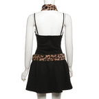 Fluffy leopard print patchwork button zip-up cami mini dress